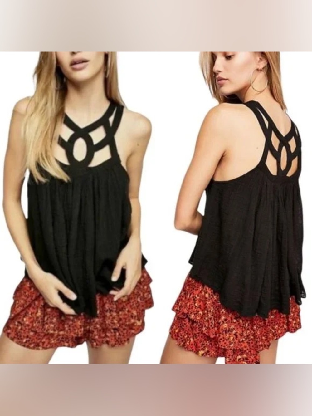 Free People One Black Geo Blouson Tank Top